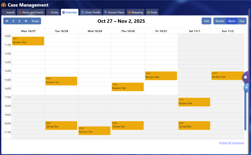 Calendar view in BI Total Access showing clients' breath alcohol testing schedule.