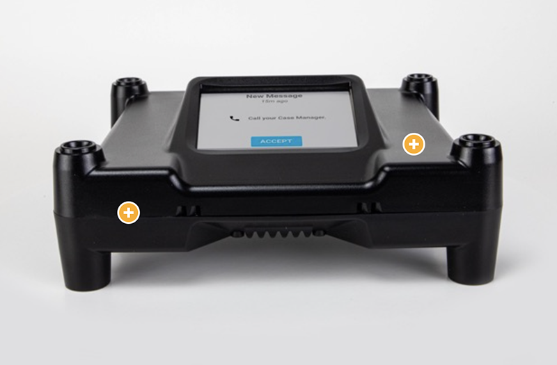Front image of the HomeBase base station with a contemporary touch screen facilitating communication between officers and clients.
