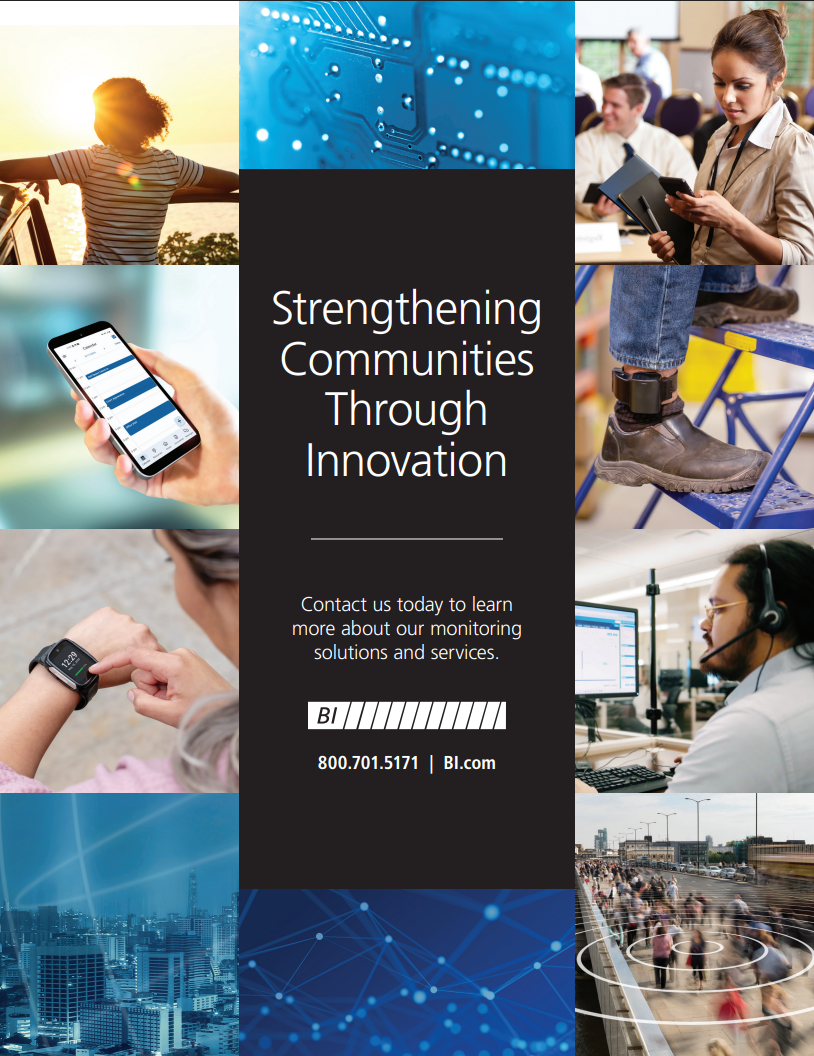Product brochure cover from BI Incorporated, illustrating electronic monitoring solutions with engaging visuals and key information.