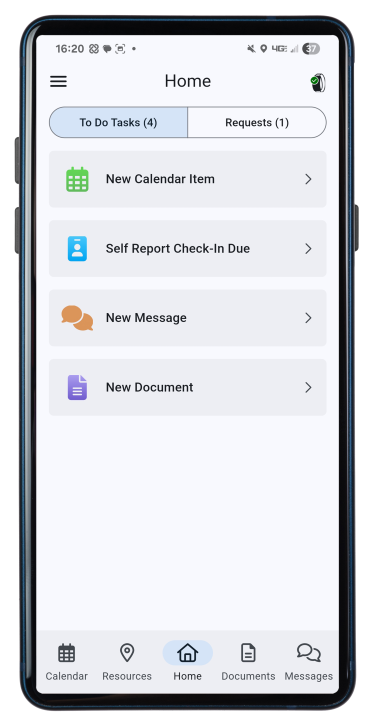 The BI SmartLINK to-do tasks homepage visible on a smartphone, displaying a clear layout of client tasks and actionable items.