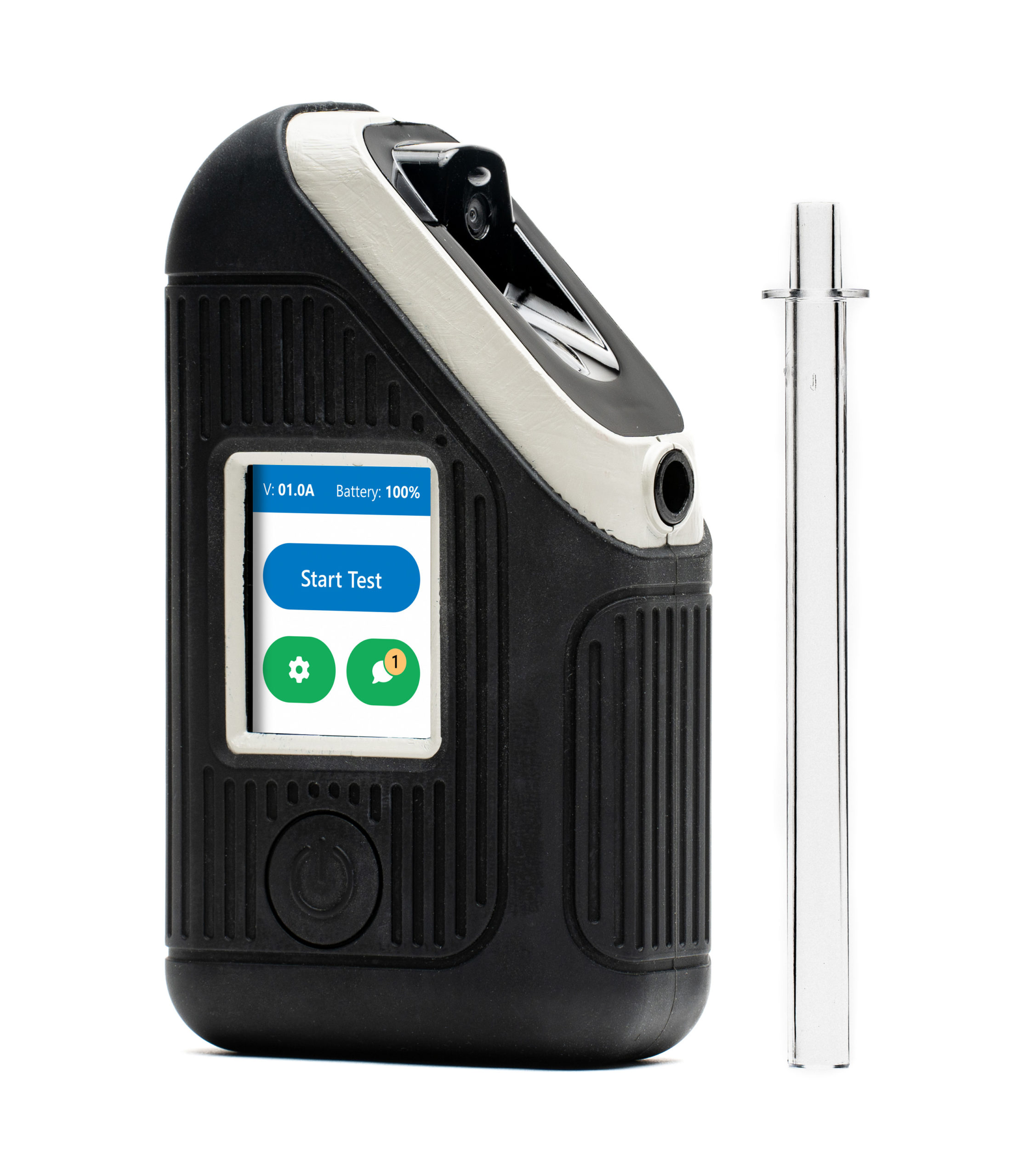 BI SoberTech portable alcohol breathalyzer features LCD touch screen with alcohol testing instructions.