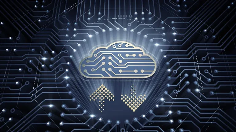 FedRAMP compliance: a computer circuit board with a cloud and arrows