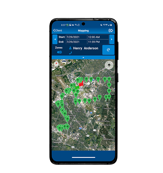 BI TotalAccess Mobile interface displaying a map with client positions.